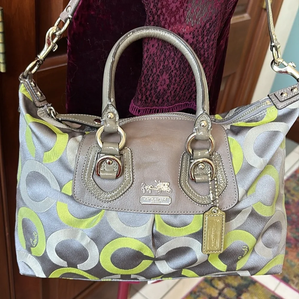 Coach Vintage Ashley convertible shoulder bag satchel Gray/Green lime canvas - Picture 1 of 16